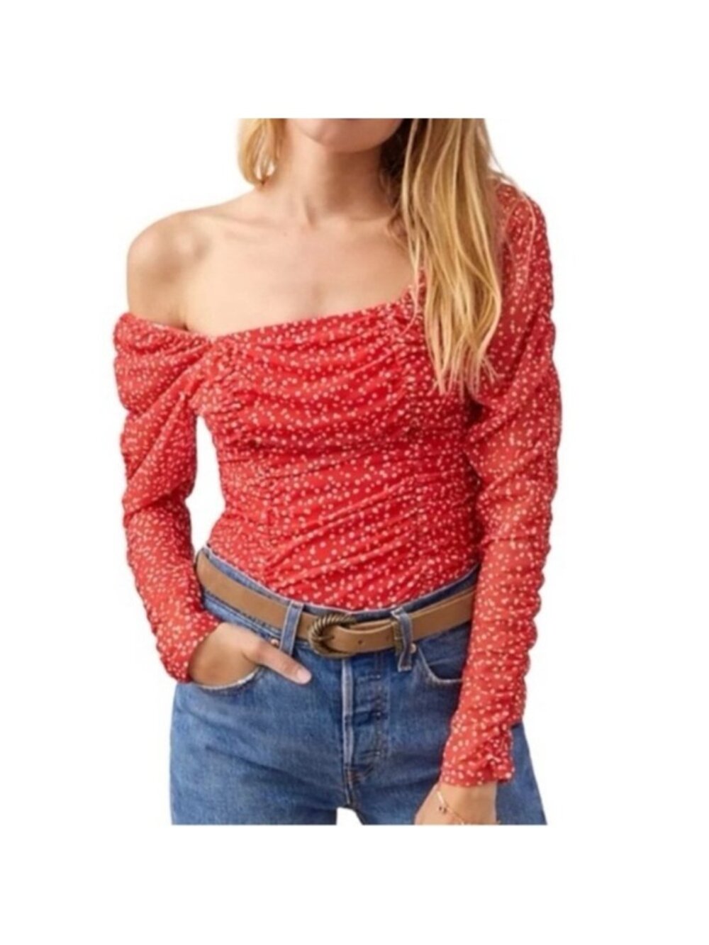 Maeve by Anthropologie Red Smocked Polka Dot Ruched Sheer Blouse Size Medium